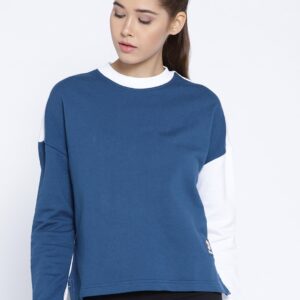 Reebok Classic Women Blue  White ES FT Crew Neck Solid Sweatshirt