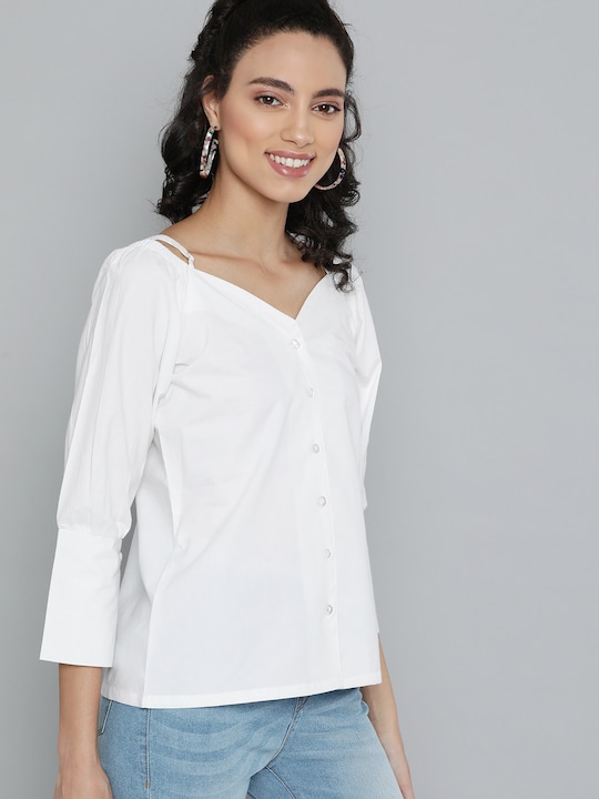 HERE&NOW Solid Sleeves Pure Cotton Bardot Top