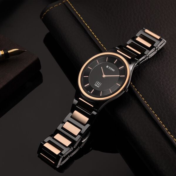 Titan Edge Ceramic Quartz in Midnight Gold with Black Dial Watch for Men