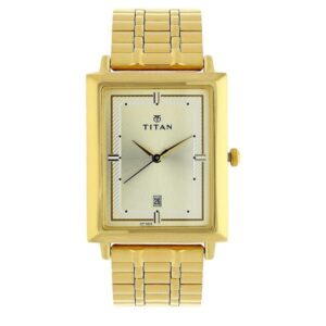 Titan Quartz Analog with Date Champagne Dial Stainless Steel Strap Watch for Men/ rectangular