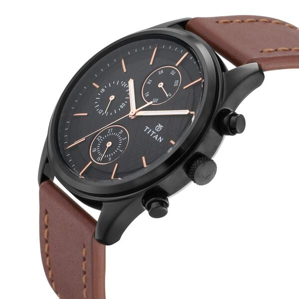 Titan Men's Metropolitan Charm: Men's Multifunctional Black Watch with Leather Strap