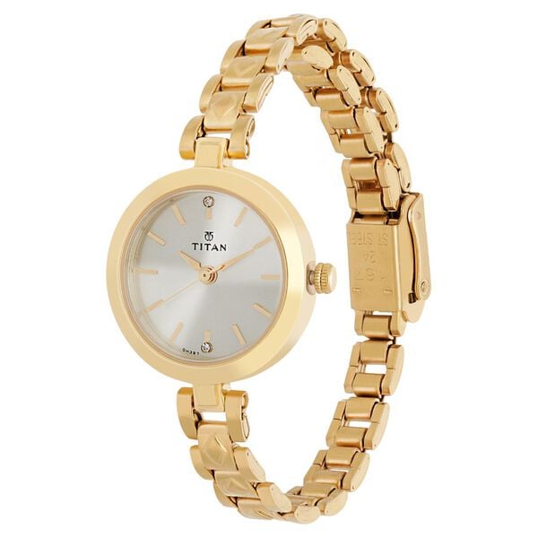 Titan Quartz Analog Champagne Dial Stainless Steel Strap Watch for Women