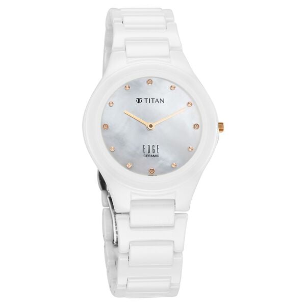 Titan Edge Ceramic Quartz in Arctic White with Diamonds and Rich Mother Of Pearl Dial Watch for Women