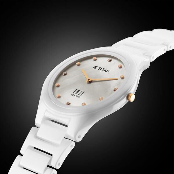 Titan Edge Ceramic Quartz in Arctic White with Diamonds and Rich Mother Of Pearl Dial Watch for Women