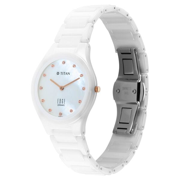 Titan Edge Ceramic Quartz in Arctic White with Diamonds and Rich Mother Of Pearl Dial Watch for Women