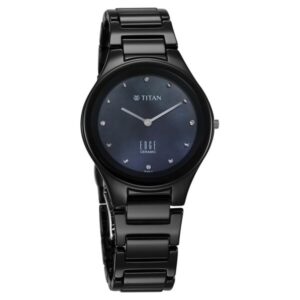 Titan Edge Ceramic Quartz in Glossy Black with Diamonds and Rich Mother of Pearl Dial Watch for Women