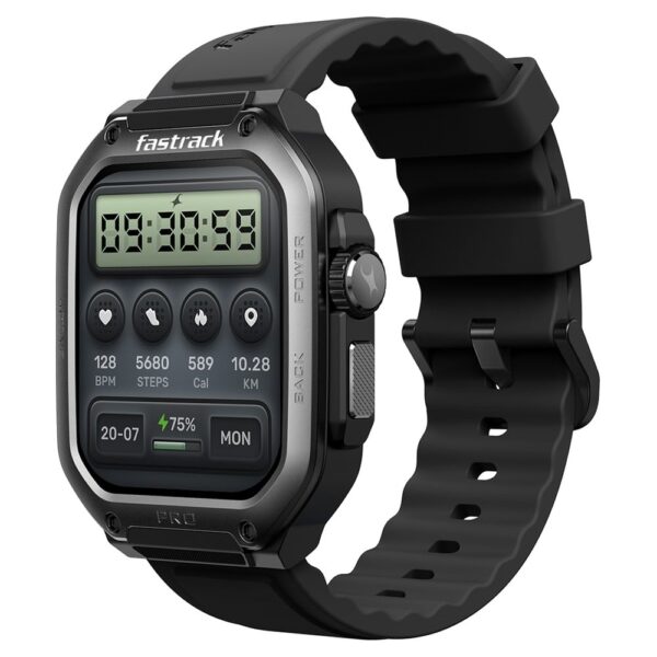 Fastrack Active Pro with 4.69 cm AMOLED Display and AOD, Functional Crown, BT Calling Rugged Smartwatch with Black Strap