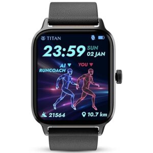 Titan Traveller with 4.52 cm AMOLED Display, BT Calling, India's First FitVerse Smartwatch with Black Leather Strap