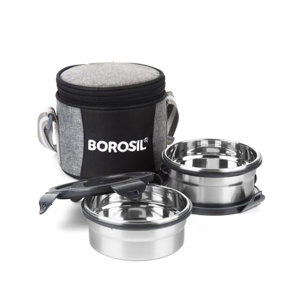 Borosil Stainless Steel Lunch Boxes with Carry Bag, Set of 2