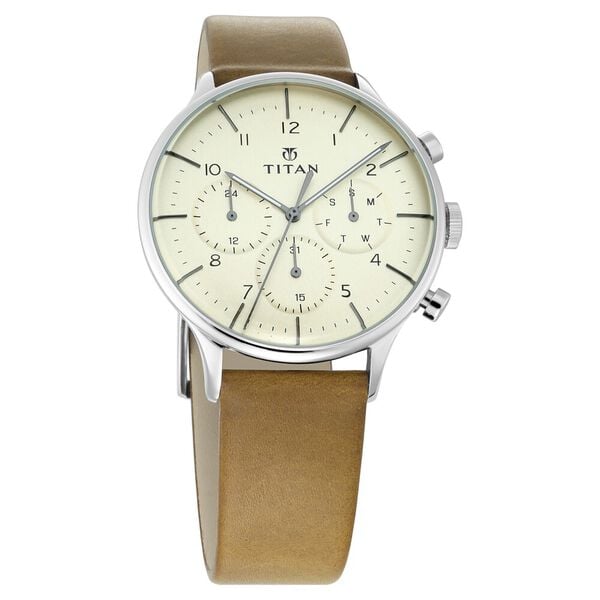 Titan On Trend White Dial Quartz Multifunction Leather Strap watch for Men