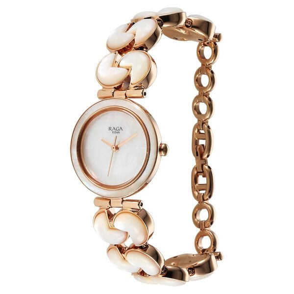 Titan Raga Power Pearls Quartz Analog Mother Of Pearl Dial Metal Strap Watch for Women