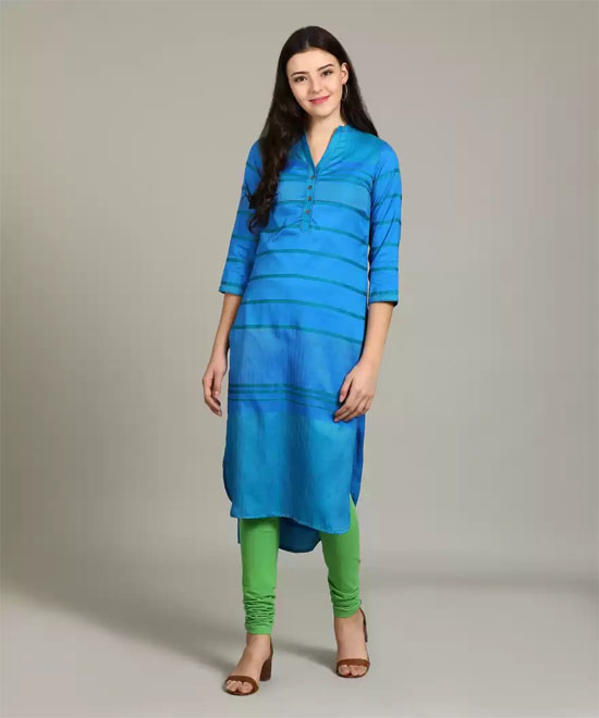 Biba  Women Striped Polycotton Straight Kurta