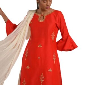 IMARA White And Red Churidar Kurta Dupatta Set.