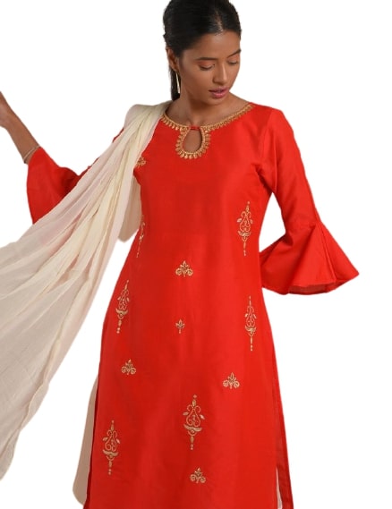 IMARA White And Red Churidar Kurta Dupatta Set.