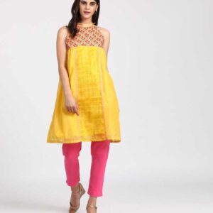 Rangriti  Women Embroidered Polycotton Flared Kurta  (Yellow)