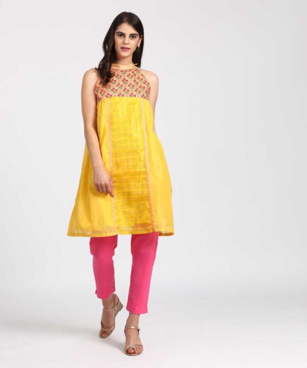 Rangriti  Women Embroidered Polycotton Flared Kurta  (Yellow)