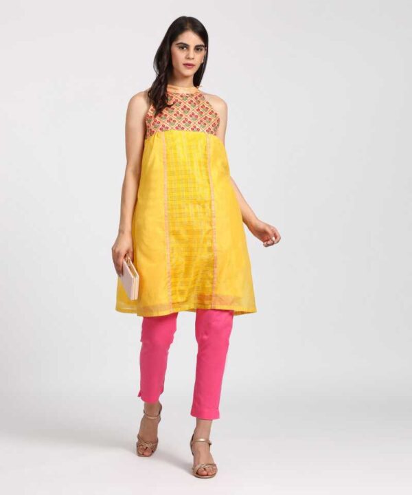 Rangriti  Women Embroidered Polycotton Flared Kurta  (Yellow)