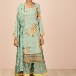 all about you Women Green Floral Print Layered Kurta with Dupatta