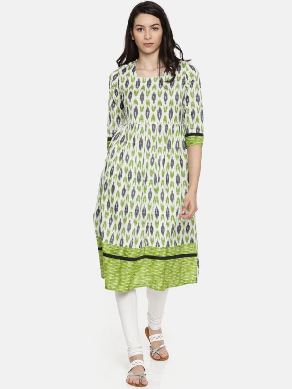 Anouk Women Off-White  Green Printed A-Line Kurta