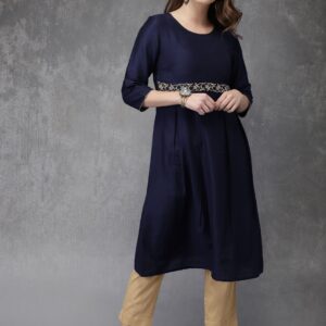 Anouk Women Navy Solid A-Line Kurta