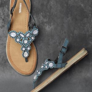 Anouk Women Blue Embellished T-Strap Flats