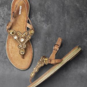 Anouk Women Gold-Toned  Beige Embellished T-Strap Flats