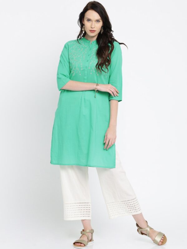 Anouk Women Sea Green Embroidered Straight Kurta