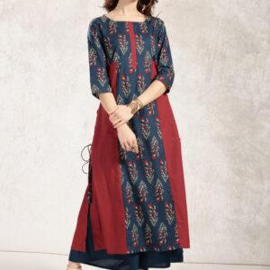 Anouk Women Navy  Maroon Printed A-Line Kurta with Side Lace-Ups