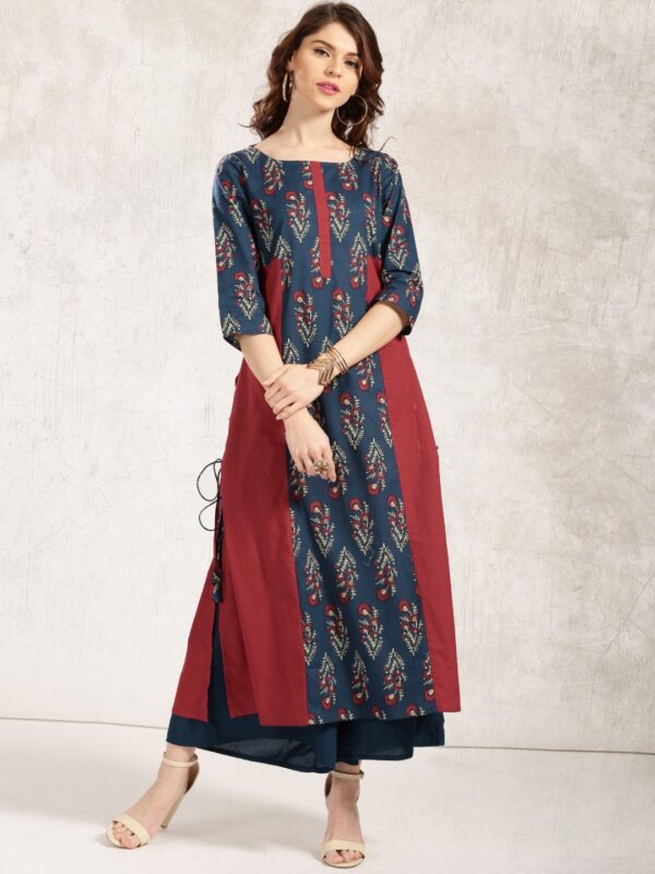 Anouk Women Navy  Maroon Printed A-Line Kurta with Side Lace-Ups