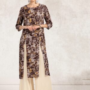 Anouk Women Coffee Brown Floral Print Straight Kurta