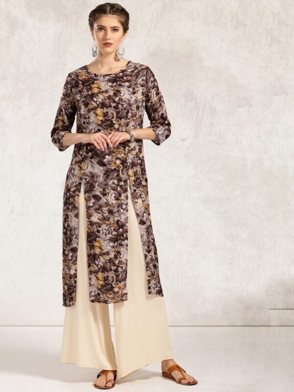 Anouk Women Coffee Brown Floral Print Straight Kurta