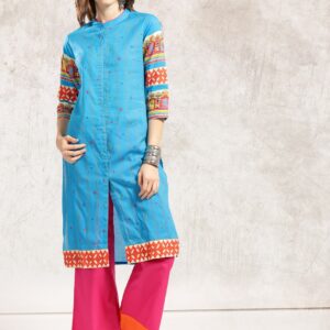 Anouk Blue Printed A-Line Kurta