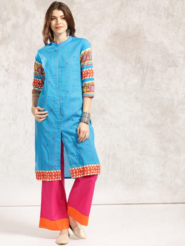 Anouk Blue Printed A-Line Kurta