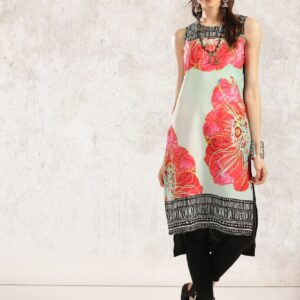 Anouk Women Black  Green Printed Straight Kurta