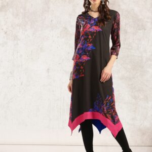 Anouk Women Black  Blue Printed A-Line Asymmetric Kurta