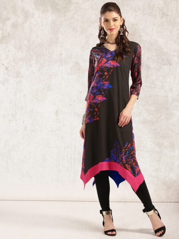 Anouk Women Black  Blue Printed A-Line Asymmetric Kurta