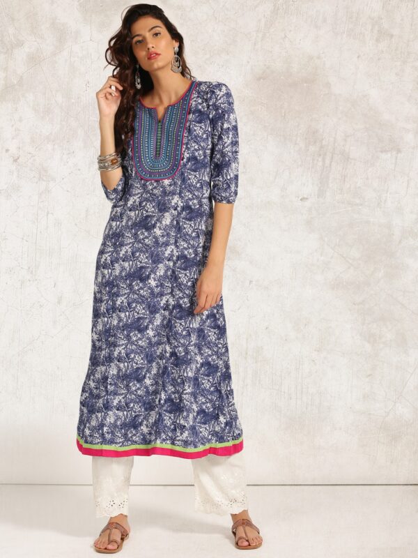 Anouk Women Blue  White Printed A-Line Kurta