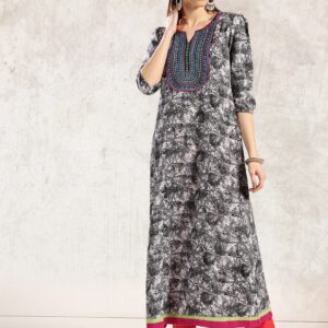 Anouk Women Grey  White Printed A-Line Kurta