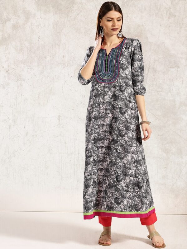 Anouk Women Grey  White Printed A-Line Kurta