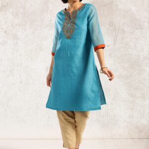 Anouk Women Blue Embroidered A-Line Kurta