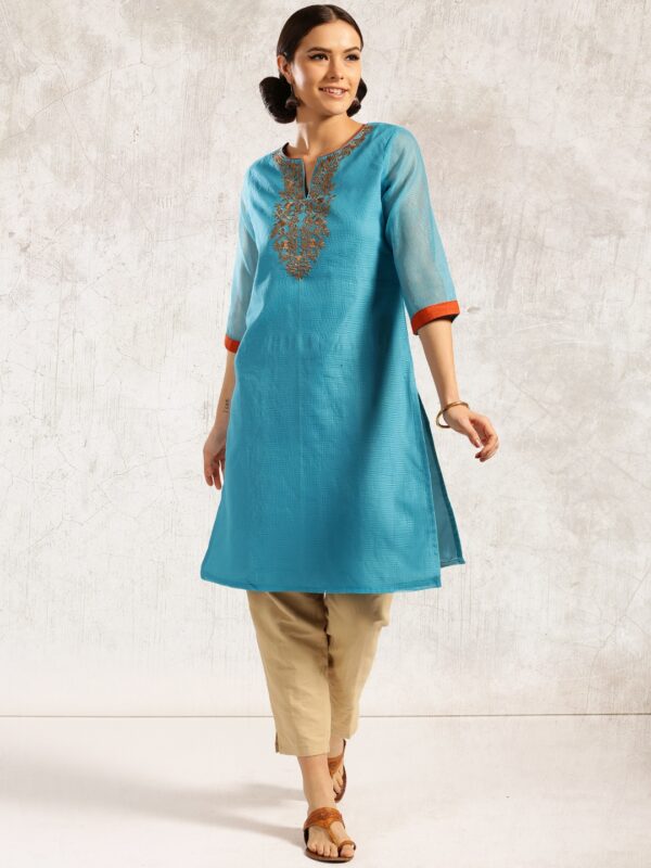 Anouk Women Blue Embroidered A-Line Kurta