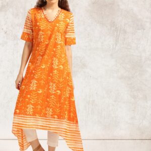 Anouk Women Orange Printed A-Line Asymmetric Kurta