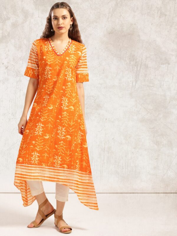 Anouk Women Orange Printed A-Line Asymmetric Kurta