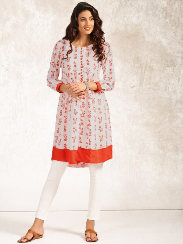 Anouk Women White  Orange Printed A-Line Kurta