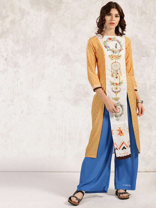 Anouk Women Mustard Yellow  White Printed Straight Kurta