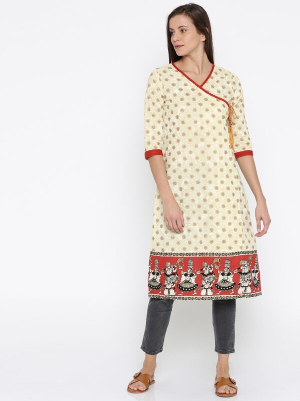 Anouk Women Beige  Red Printed A-Line Kurta