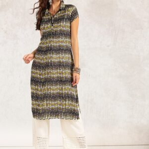 Anouk Women Black  Beige Printed Straight Kurta