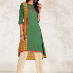 Anouk Women Green  Yellow Printed High-Low Hem A-Line Kurta