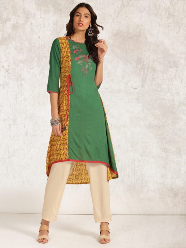 Anouk Women Green  Yellow Printed High-Low Hem A-Line Kurta