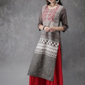 Anouk Women Grey  White Printed Straight Kurta with Embroidered Detail